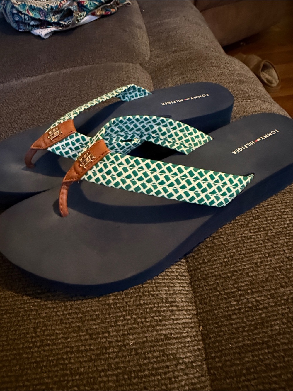 Tommy Hilfiger Navy Flip Flop Sandals with Teal Patterned Straps